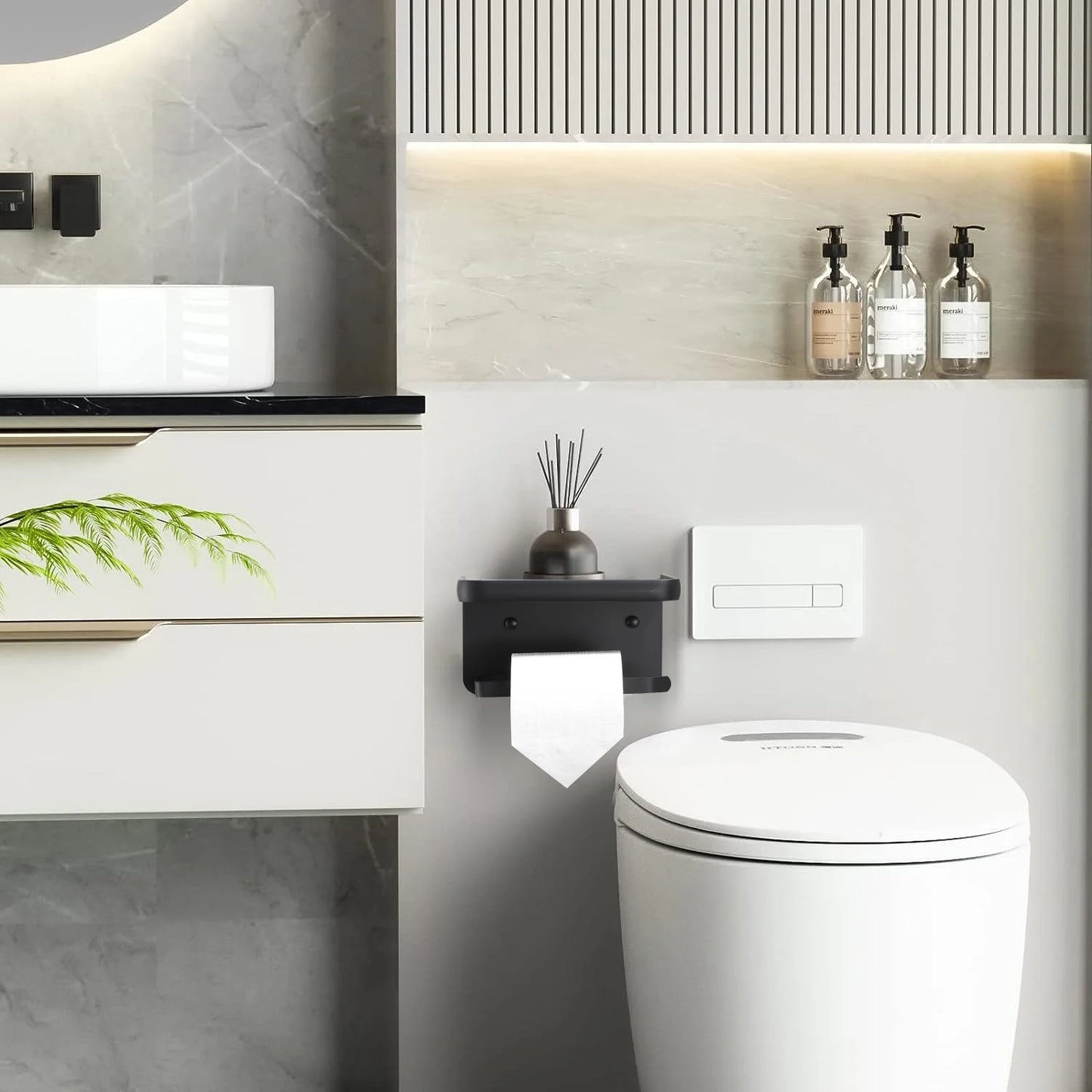 LunaLulinlk Toilet Paper Holder, Wall Mounted Toilet Paper Roll Holder, with Phone Shelf, Rustproof Toilet Tissue Holder, No Nail Toilet Roll