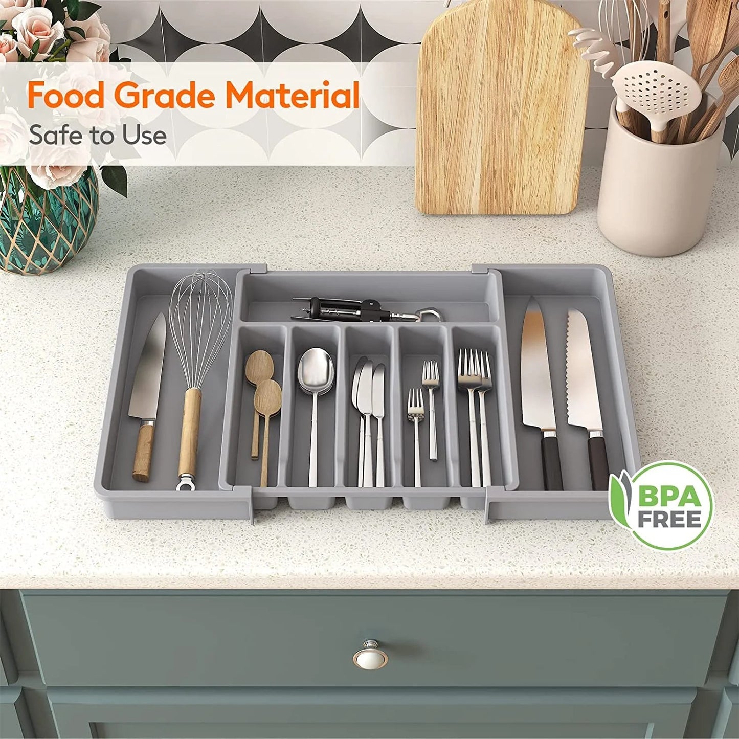 LunaLulinlk Silverware Drawer Organizer, Expandable Utensil Tray for Kitchen, Adjustable Flatware Grey