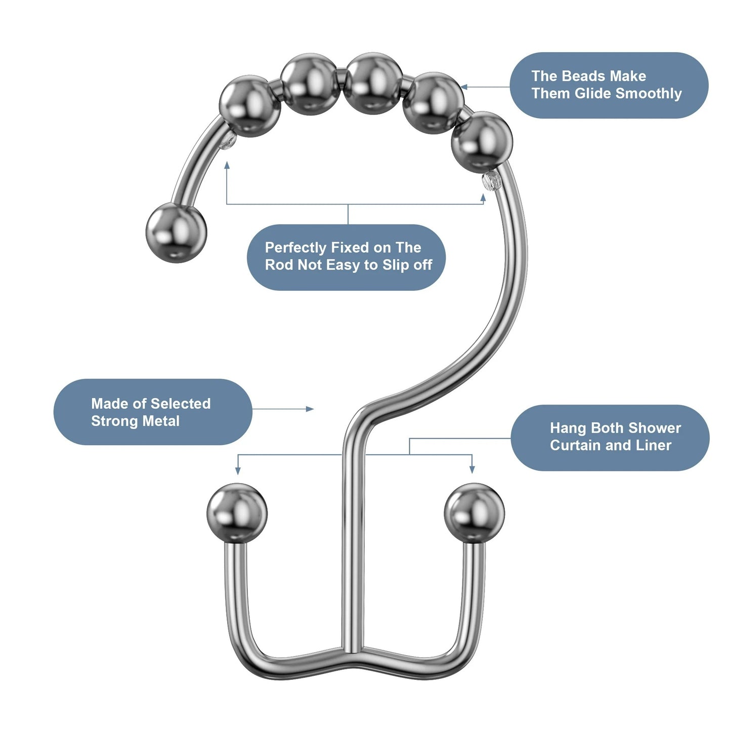 LunaLulinlk Shower Curtain Rings Hooks, Premium Stainless Steel, Rustproof, for Bathroom Shower Rods Curtains - Double Hooks-Set of 12, Chrome