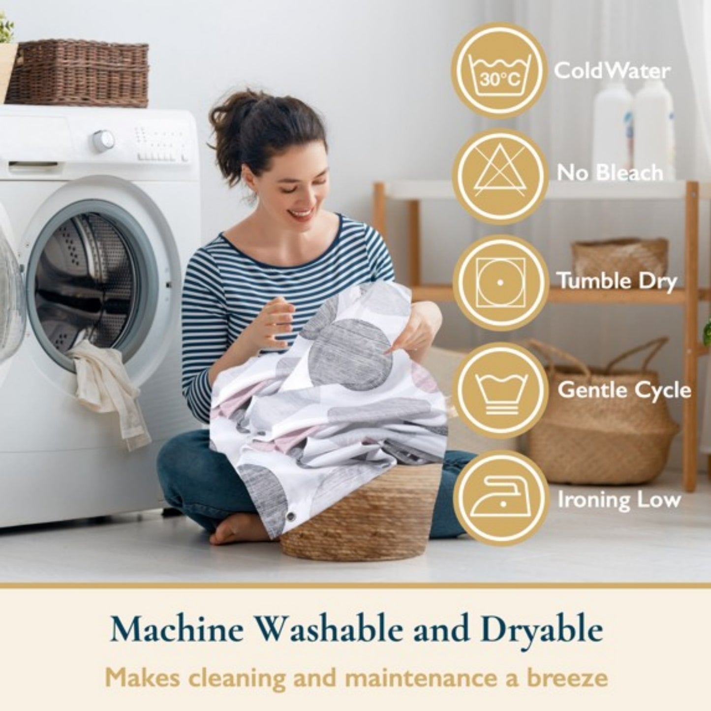 LunaLulinlk Weighted-Hem Fabric Bathroom Curtain, Water-Repellent