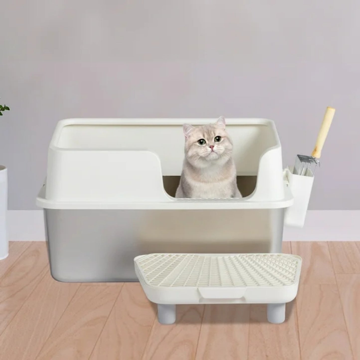 LunaLulinlk white Stainless steel cat litter box with lid, cat litter box with pedal filter and scoop