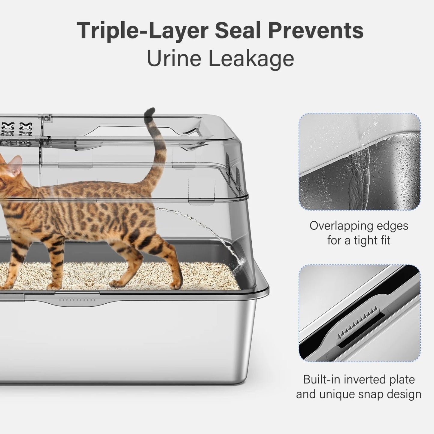 LunaLulinlk White stainless steel high-sided cat litter box with tray, scoop, storage box, and filter pedal