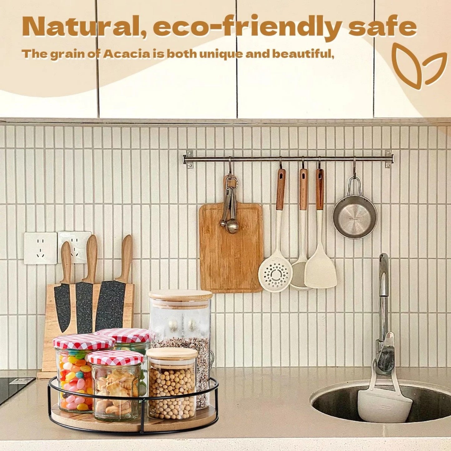 LunaLulinlk Wooden Lazy Susan Turntable 9" - Spice Organizer, Lazy Susan Organizer, Carbonized Black Pine Wood