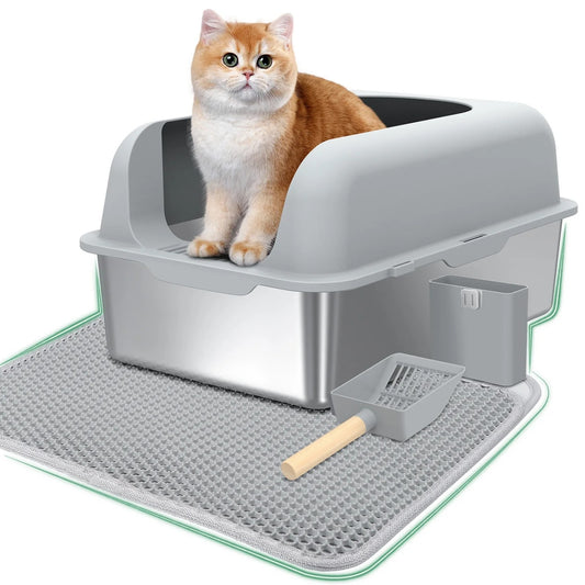 LunaLulinlk Stainless steel cat litter tray with lid and high sides, suitable for multiple cats.