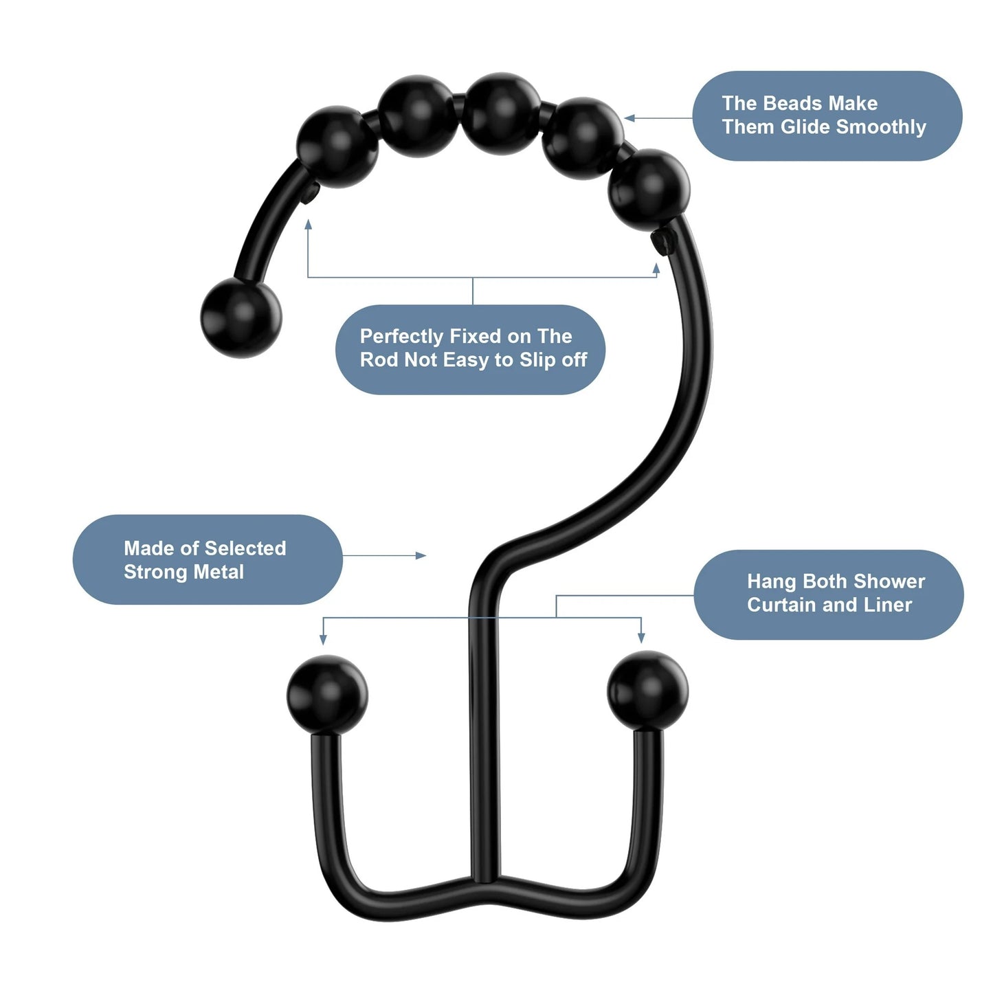 LunaLulinlk Shower Curtain Hooks Rings, Premium Stainless Steel Rustproof Double Glide Shower Hooks for Bathroom Shower Rods Curtains,Set of 12, Black