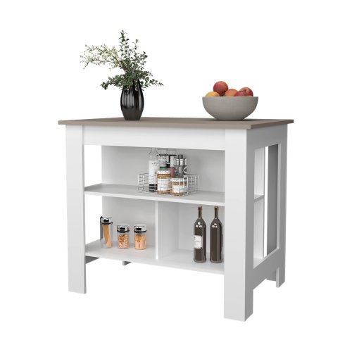 LunaLulinlk Taupe and White Kitchen Island with Open Storage
