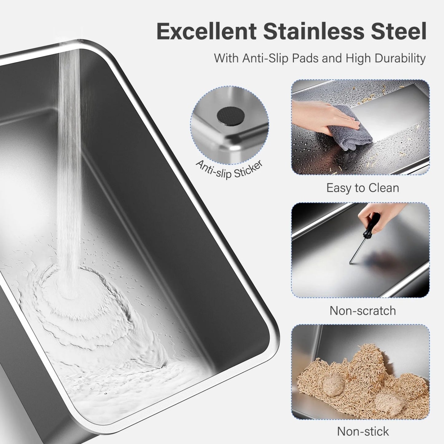 LunaLulinlk White stainless steel high-sided cat litter box with tray, scoop, storage box, and filter pedal