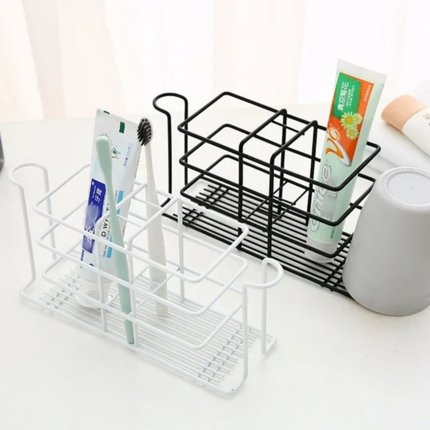 LunaLulinlk Toothbrush Holder Rack with Mouthwash Cup Holder Slots, Toothbrush Toothpaste Holder Wall-Mounted Drill Free Storage Rack White