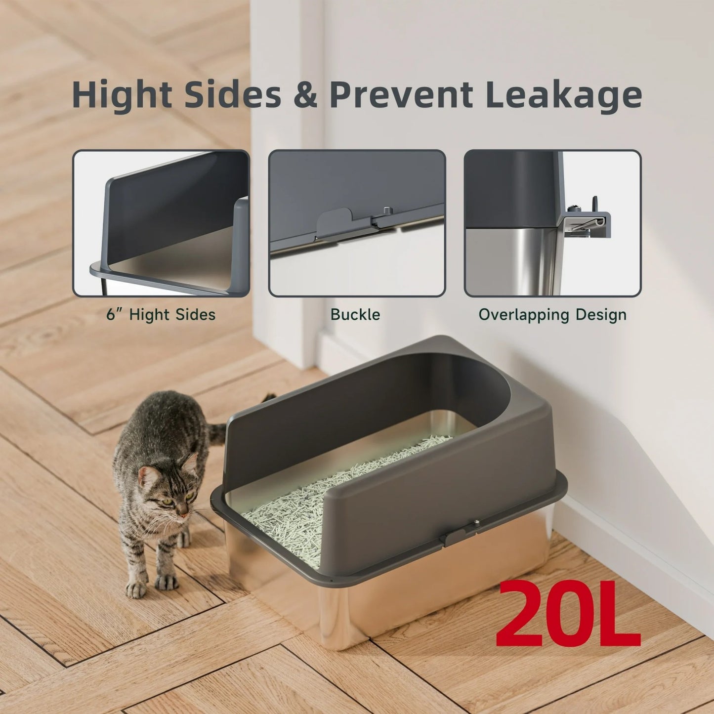 LunaLulinlk with Enclosure Stainless Steel Cat Litter Box with High-Sided - Durable, Hygienic, and Escape