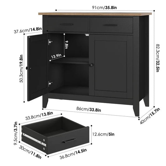 LunaLulinlk Storage Cabinet with 2 Drawers and 2 Doors, Wood Accent Cabinet for Living Room,Kitchen, Black