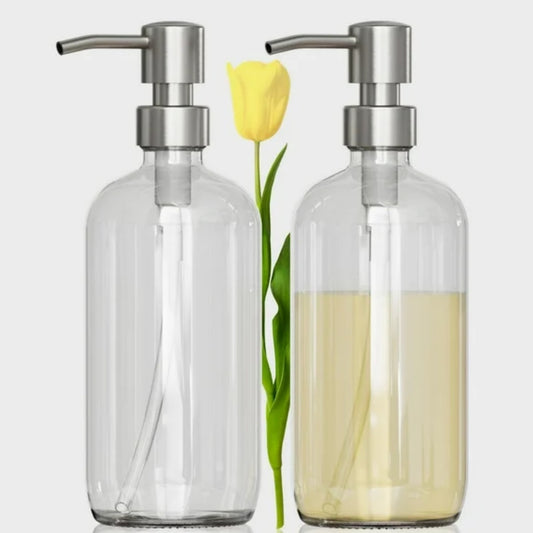 LunaLulinlk Soap Dispenser, 2 Pack Glass Soap Dispenser with Pump Stainless Steel, 17OZ Clear Soap Dispenser