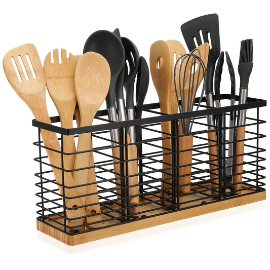 LunaLulinlk Utensil Holder for Kitchen Counter, 4 Compartments, Matte Black Metal Cooking Utensil Organizer with Wooden Base for Kitchen Countertop