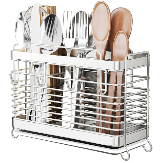LunaLulinlk Utensil Holder for Kitchen Counter, Stainless Steel Utensil Drying Rack for Countertop with 3 Compartments, Drain Tray