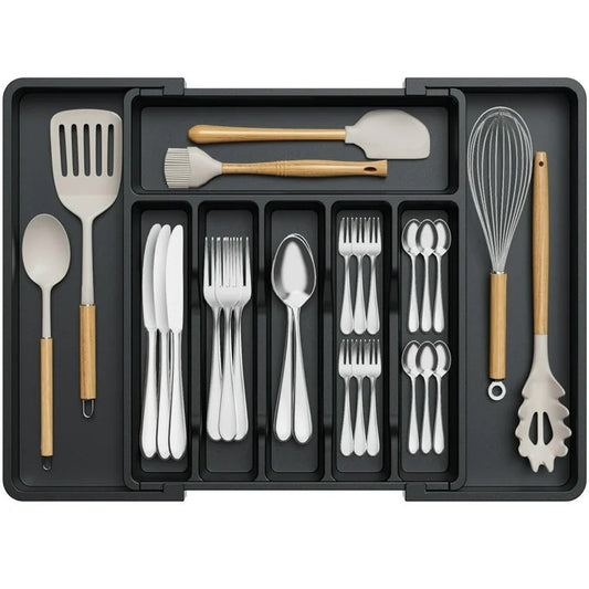 LunaLulinlk Silverware Drawer Organizer Expandable Utensil Tray Adjustable Flatware, Plastic, Black