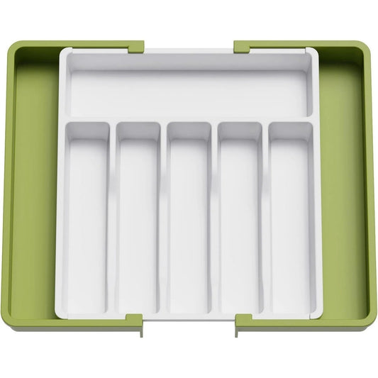 LunaLulinlk Silverware Drawer Organizer Expandable Utensil Tray Adjustable Flatware, Plastic, Green&White