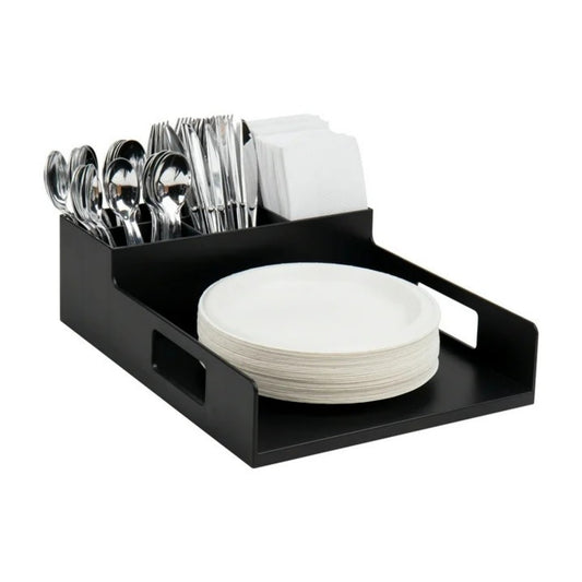 LunaLulinlk Utensil Napkin and Plate Holder, Silverware Organizer, Serving Tray, Plastic, Black