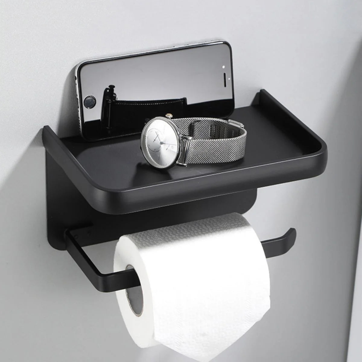 LunaLulinlk Toilet Paper Holder, Wall Mounted Toilet Paper Roll Holder, with Phone Shelf, Rustproof Toilet Tissue Holder, No Nail Toilet Roll