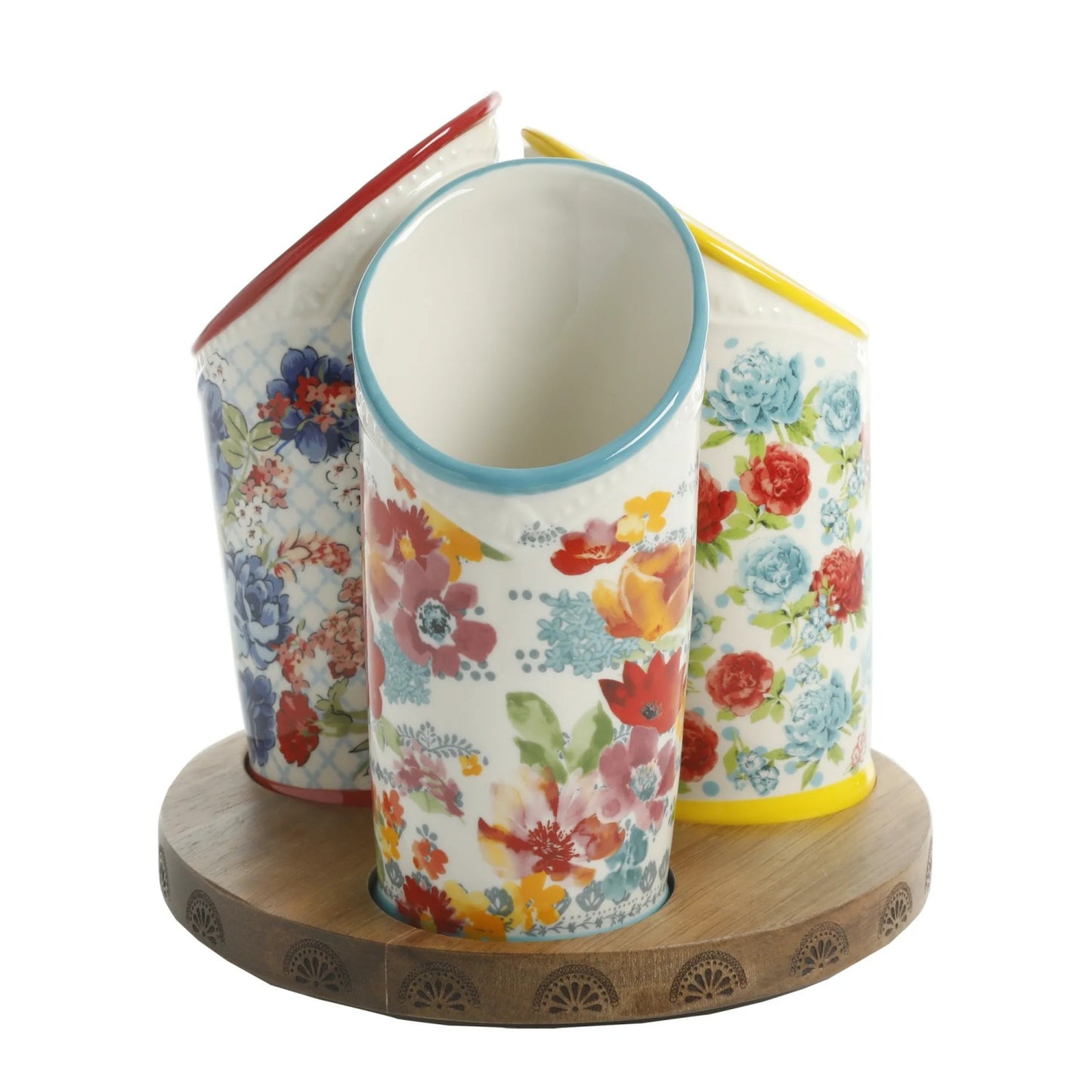 LunaLulinlk Woman Floral Medley 3-Compartment Ceramic Utensil Holder