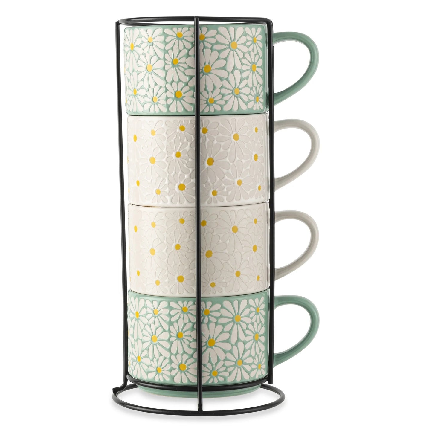 LunaLulinlk White 4 Pack Stacking White and Green Floral Mugs 11.1 fl oz, Stoneware