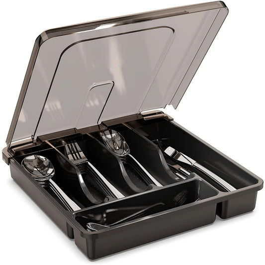 LunaLulinlk Utensil Holder for Countertop with Lid, Plastic Silverware Tray for Drawer, 5 Compartments, Flatware Organizer, Tableware Storage