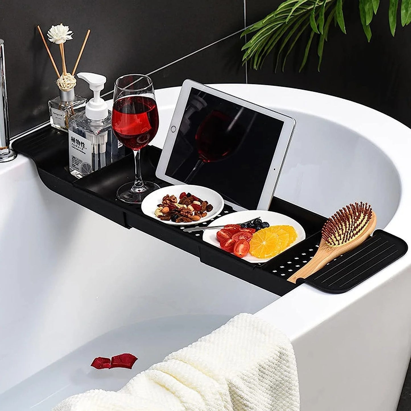 LunaLulinlk xpandable Drain Bath Shelf Caddy Tray Multifunctional Bathtub Organizer, Black
