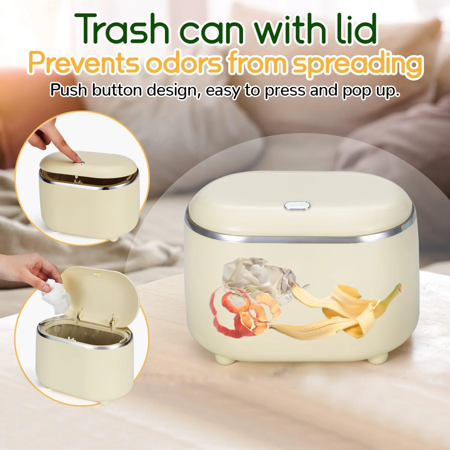LunaLulinlk Yellow Mini Tabletop Trash Can with 200 Trash Bags, Pop-Up Small Tabletop Trash Can with Lid, Small Countertop Trash Can
