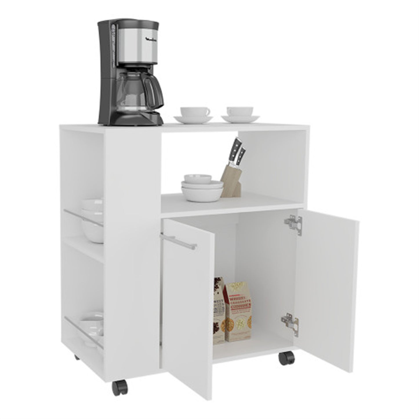 LunaLulinlk Two-Door Kitchen Base Cabinet Cart with four Shelves, Side Shelves, Cabinet, Kitchen Storage White