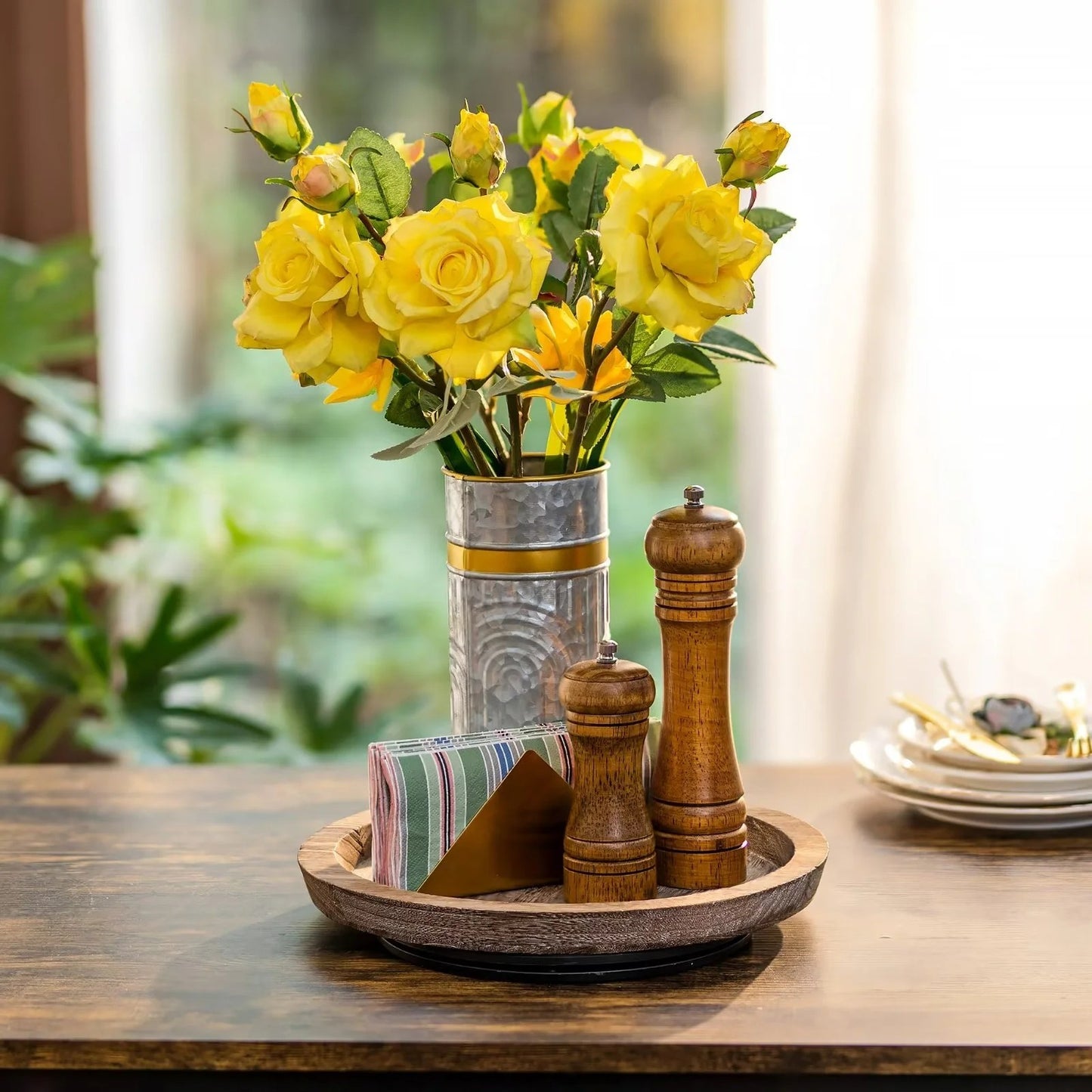LunaLulinlk Turntable Wood Lazy Susan Organizer For Table Top, Decorative Round Candle Holder Trays for Kitchen Countertop
