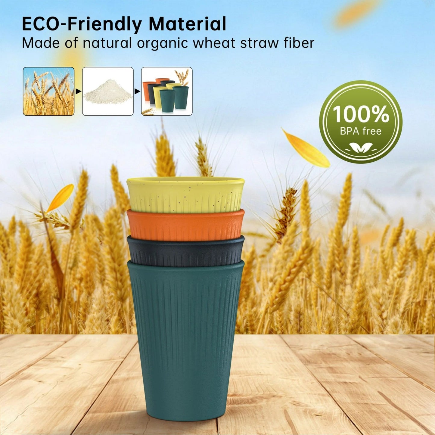 LunaLulinlk Wheat Straw Unbreakable Cups Set of 8, 12 OZ Drinking Glasses, Reusable Plastic Cups, Drinking Cups, Multicolor