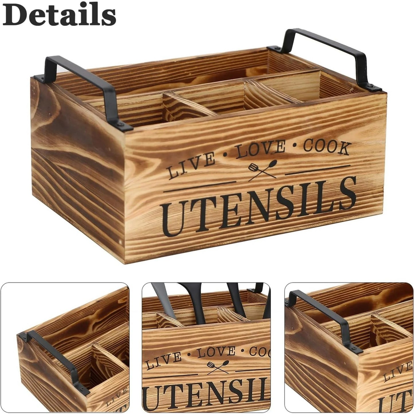 LunaLulinlk Wood Utensil Holder, Silverware Organizer with 4 Compartments for Kitchen Counter, Farmhouse Wood Flatware Utensil Organizer Storage