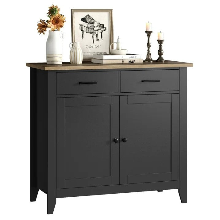 LunaLulinlk Storage Cabinet with 2 Drawers and 2 Doors, Wood Accent Cabinet for Living Room,Kitchen, Black