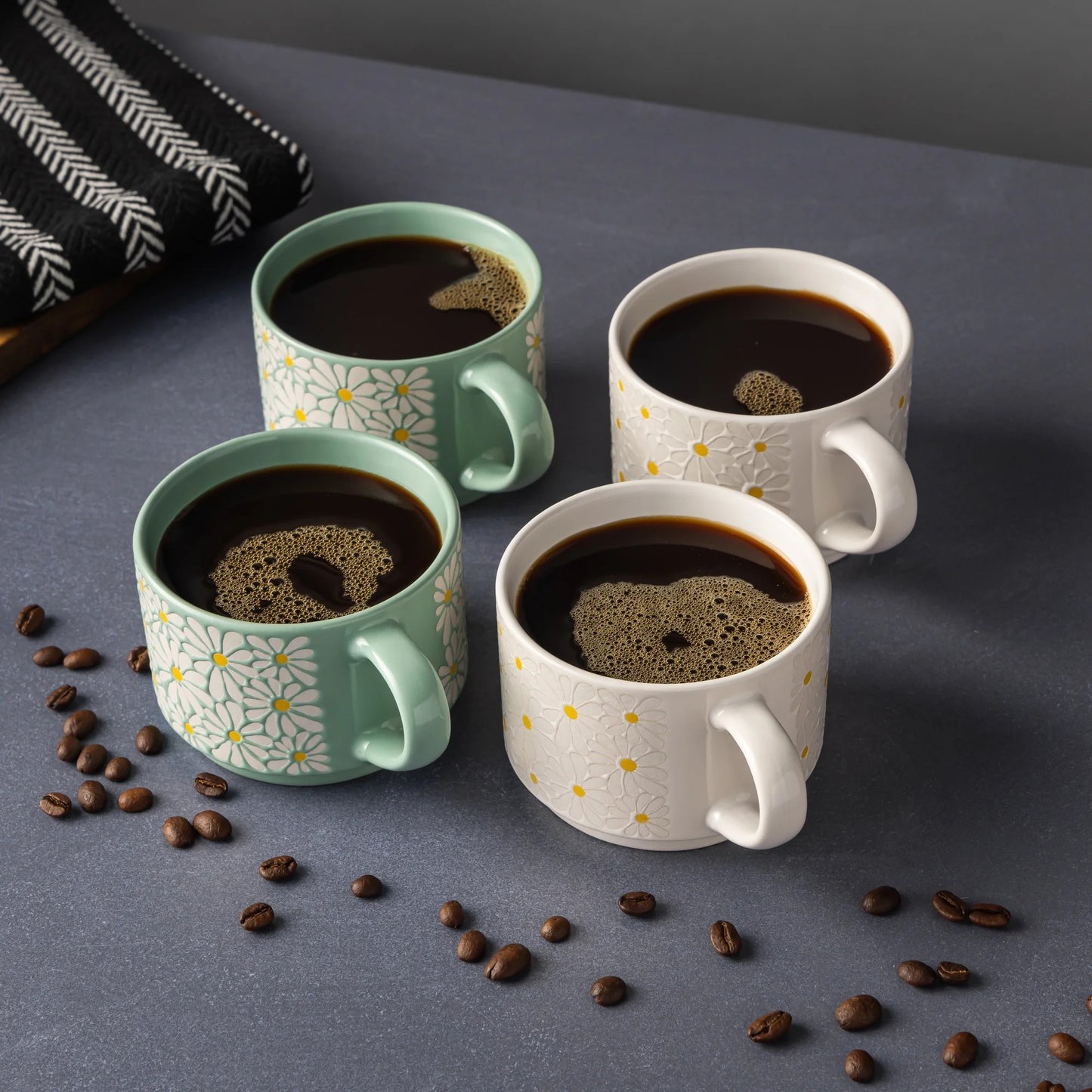 LunaLulinlk White 4 Pack Stacking White and Green Floral Mugs 11.1 fl oz, Stoneware