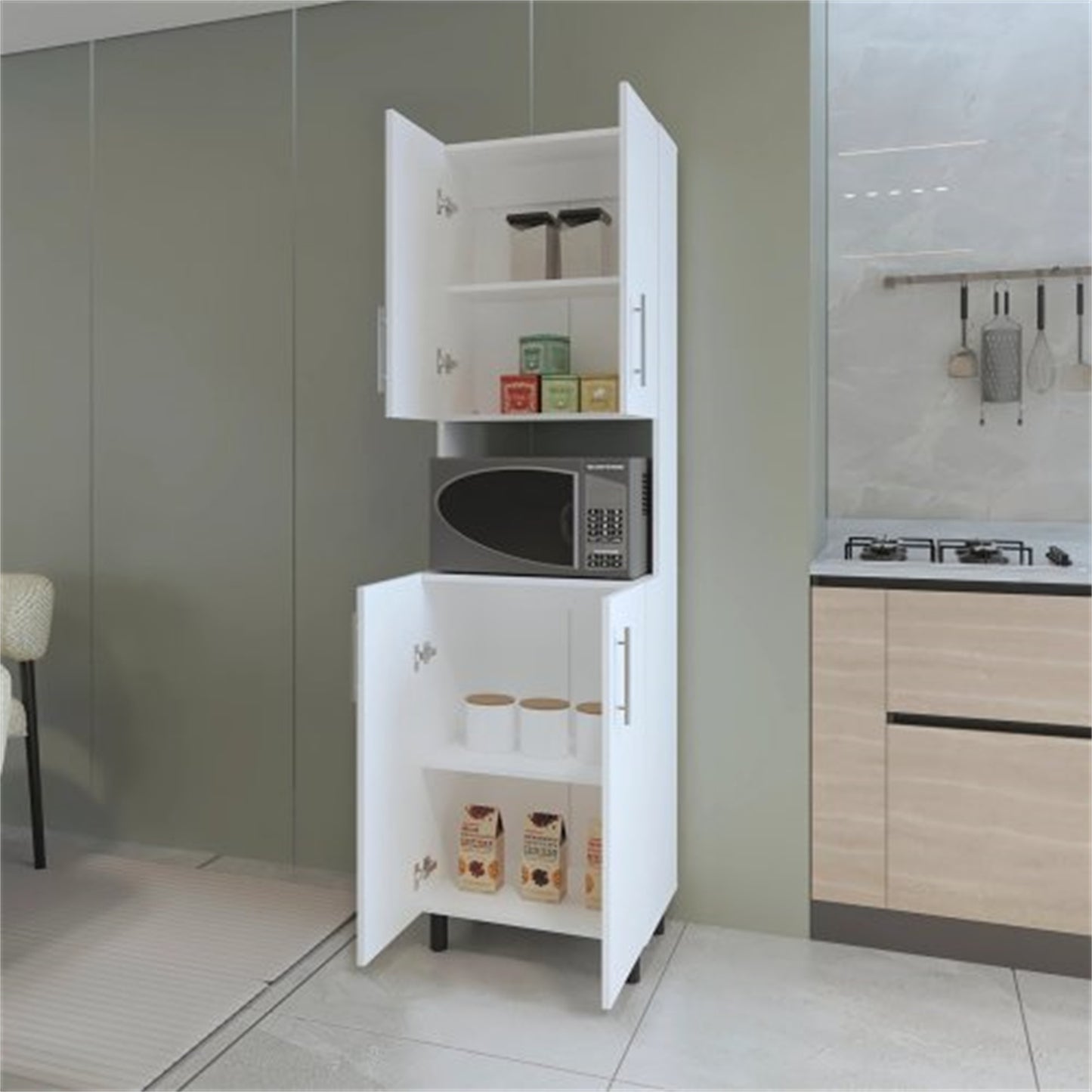 LunaLulinlk White Double Cabinet Kitchen Pantry with Open Storage