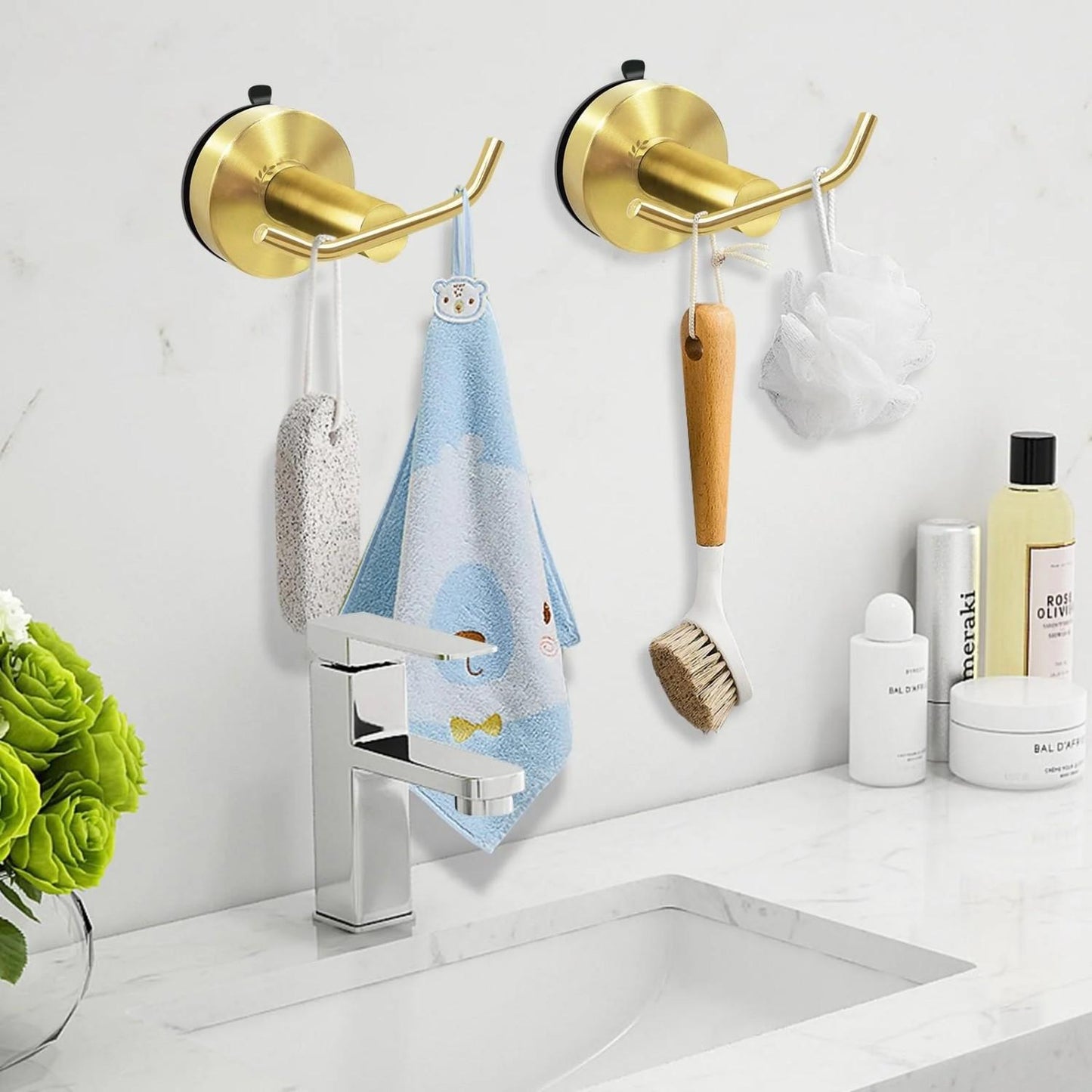 LunaLulinlk Vacuum Metal Suction Cup Hooks Stainless Steel Shower Holder Hanger for Bathroom(Gold 2pcs)