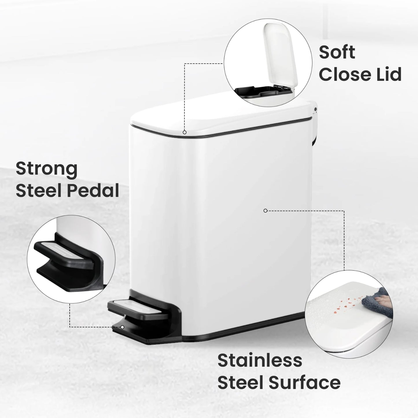 LunaLulinlk White 1.6 Gallon Small Bathroom Trash Can, Stainless Steel Trash Can with Lid