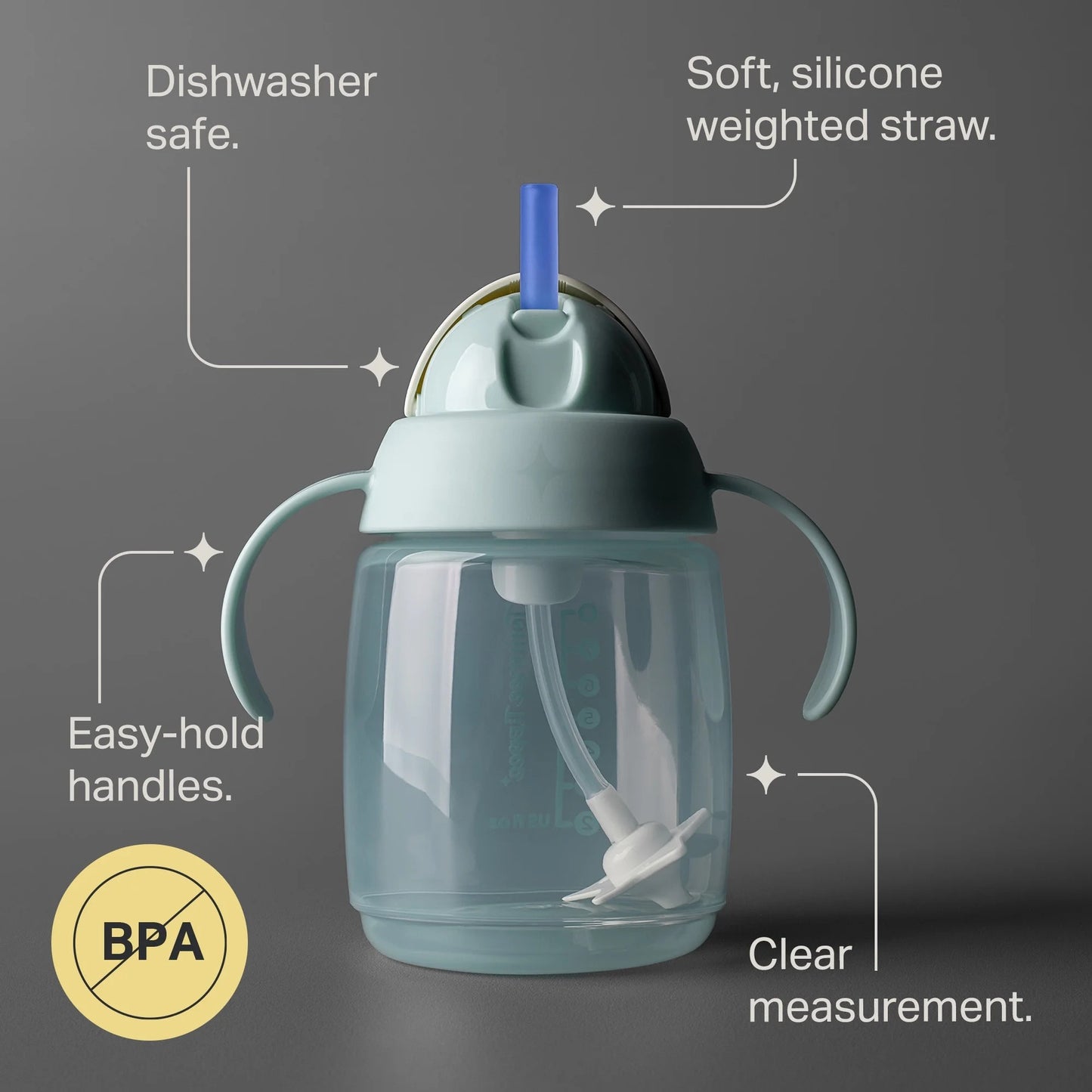 LunaLulinlk Weighted Straw Cup, 10oz, 6 Months+, Easy Transition Toddler Cup, Silicone Weighted Straw and Easy-hold Handles, Mint, 1 Count