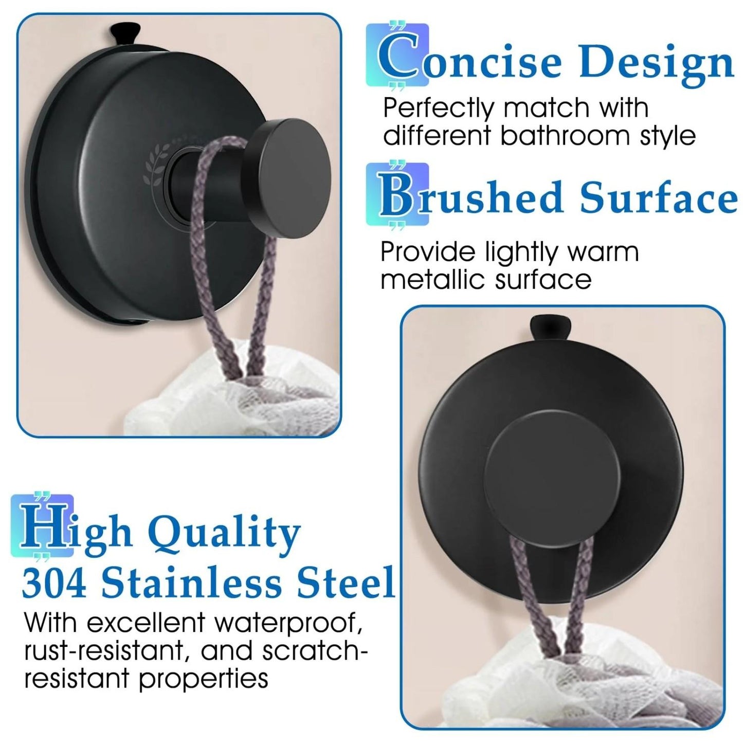 LunaLulinlk Vacuum Metal Suction Cup Hooks Stainless Steel Shower Holder Hanger for Bathroom(Black 2pcs)