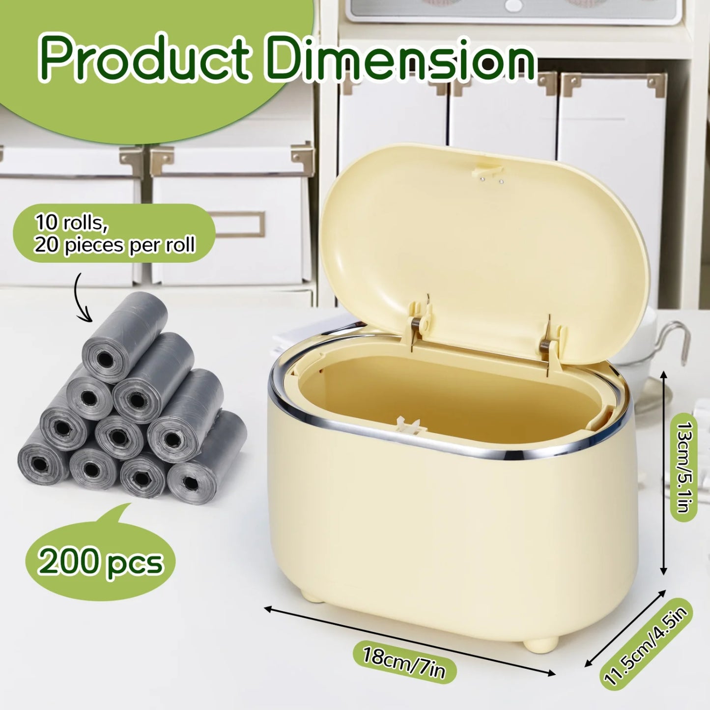 LunaLulinlk Yellow Mini Tabletop Trash Can with 200 Trash Bags, Pop-Up Small Tabletop Trash Can with Lid, Small Countertop Trash Can