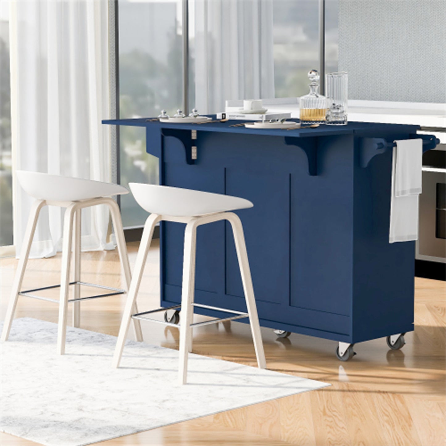 "LunaLulinlk 53.2'' Kitchen Island with Drop Leaf, Kitchen Storage Cart with Spice Rack, Towel Rack and 2 Drawers, Navy Blue  "