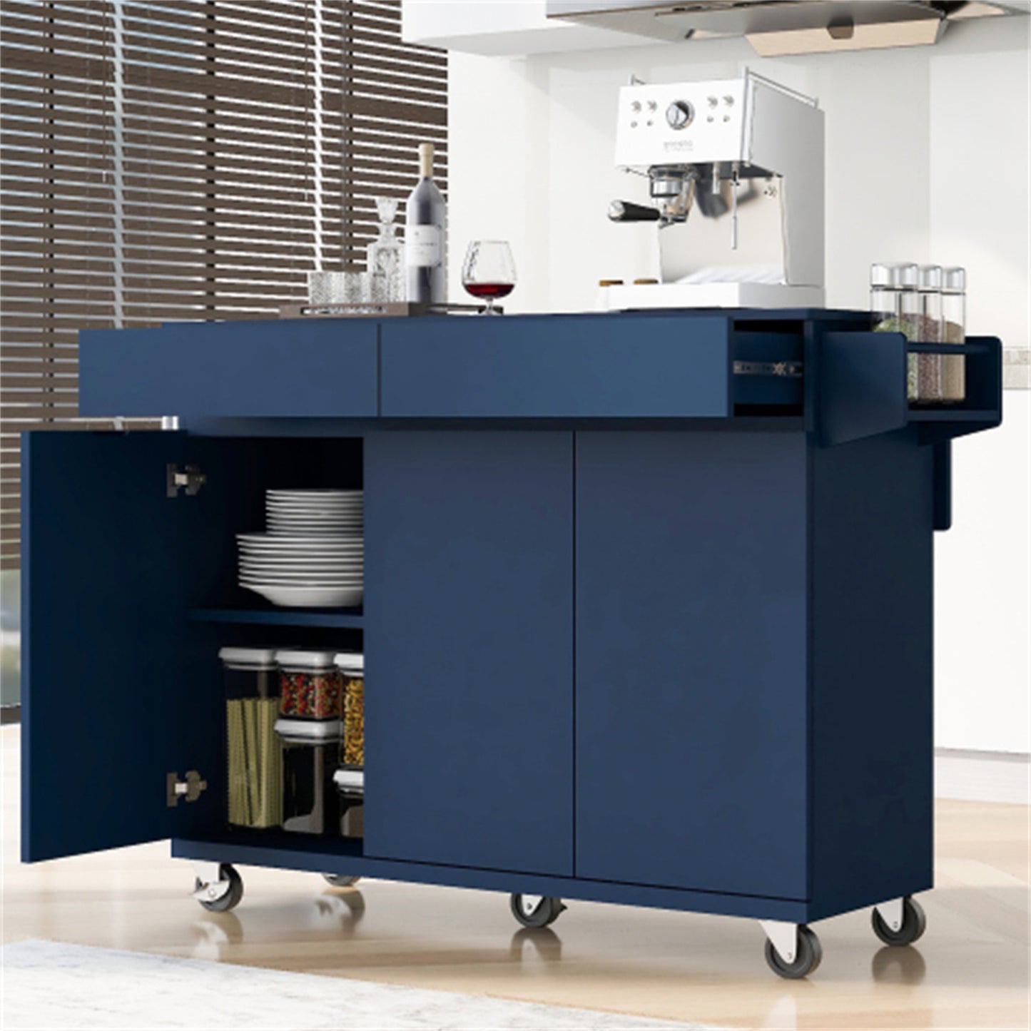 "LunaLulinlk 53.2'' Kitchen Island with Drop Leaf, Kitchen Storage Cart with Spice Rack, Towel Rack and 2 Drawers, Navy Blue  "