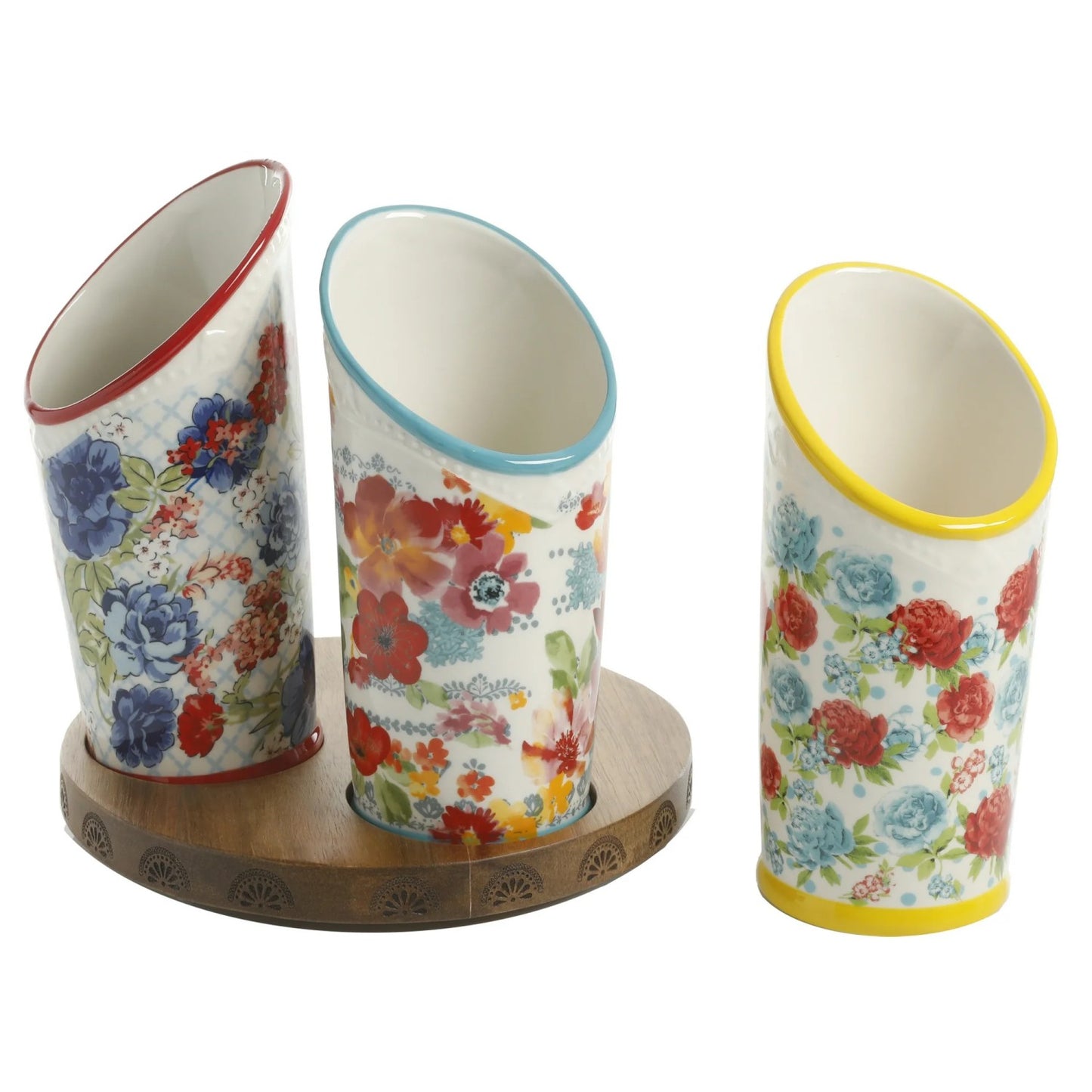 LunaLulinlk Woman Floral Medley 3-Compartment Ceramic Utensil Holder