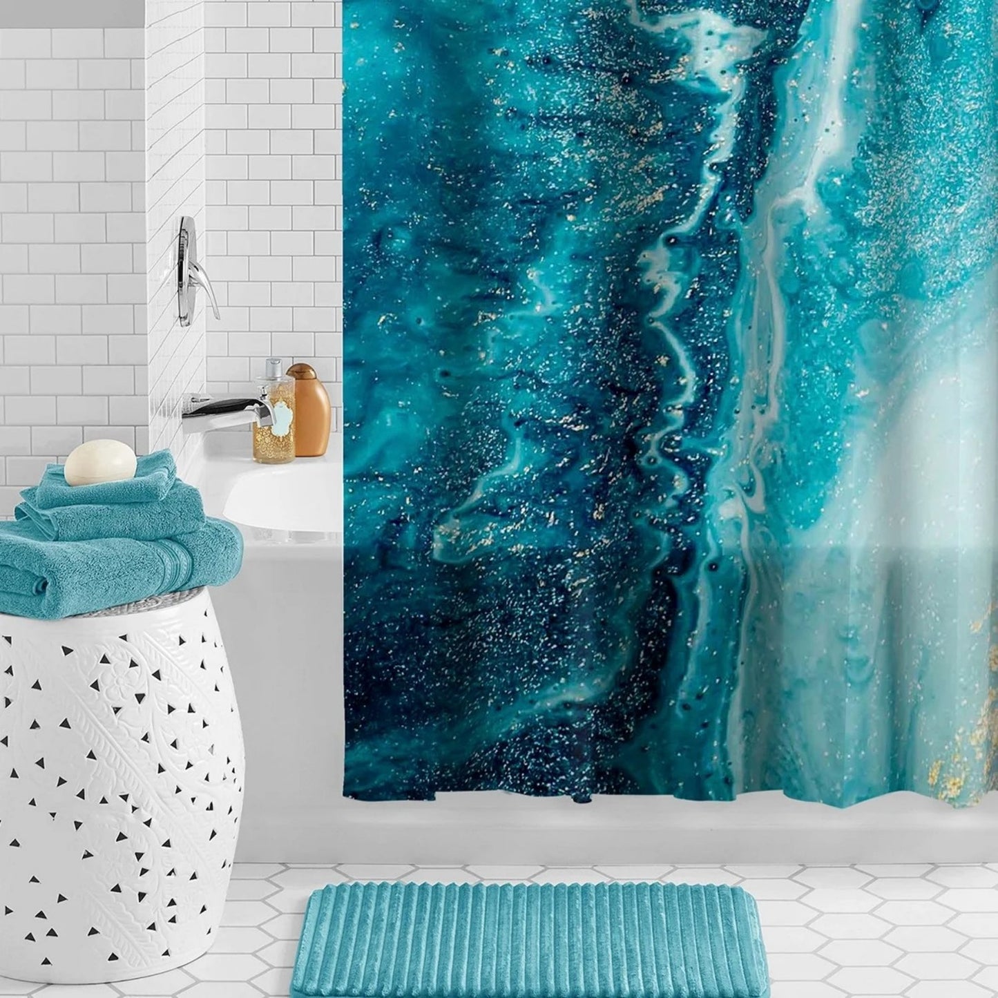 LunaLulinlk Waterproof Watercolor Marble 30% Recycled PEVA Shower Curtain and Hooks