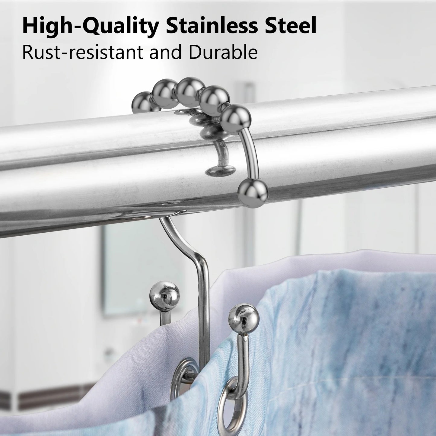 LunaLulinlk Shower Curtain Rings Hooks, Premium Stainless Steel, Rustproof, for Bathroom Shower Rods Curtains - Double Hooks-Set of 12, Chrome