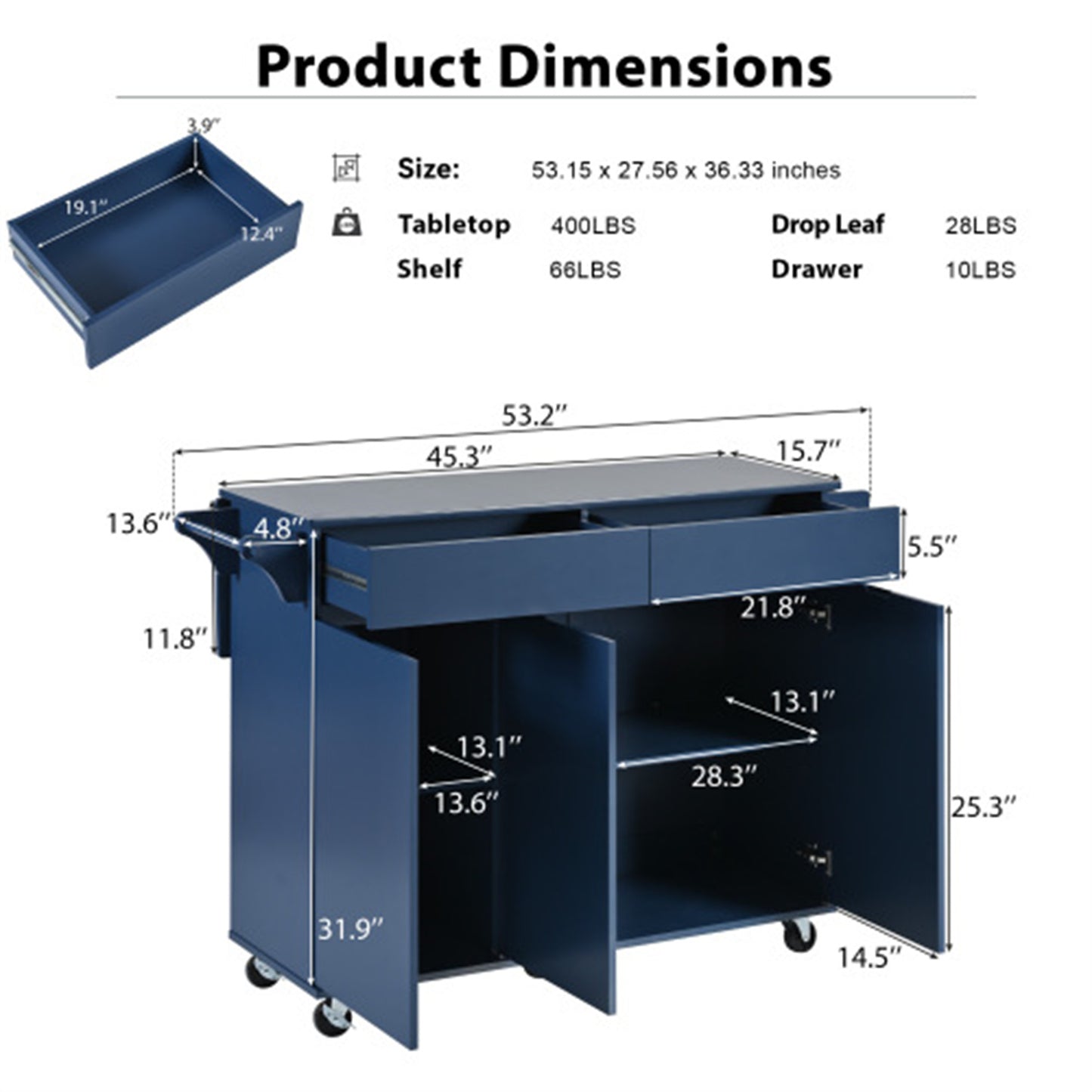 "LunaLulinlk 53.2'' Kitchen Island with Drop Leaf, Kitchen Storage Cart with Spice Rack, Towel Rack and 2 Drawers, Navy Blue  "