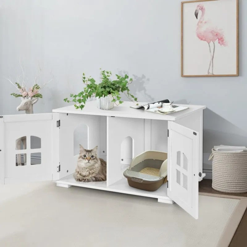 LunaLulinlkLarge Wooden Cat Litter Box Enclosure Hidden Cat Washroom with Divider