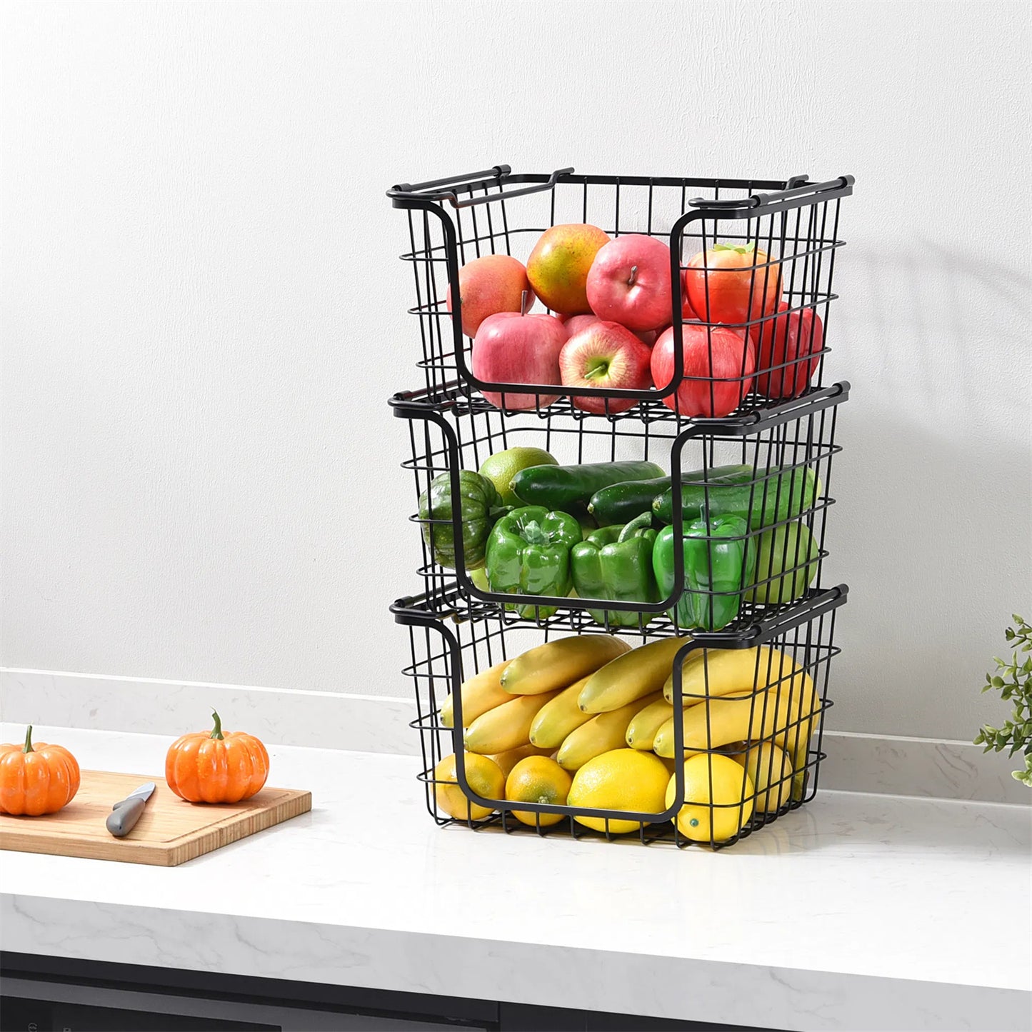 LunaLulinlk Stackable Metal Wire Storage Basket Set for Pantry, Countertop, Kitchen or Bathroom – Black, Set of 3