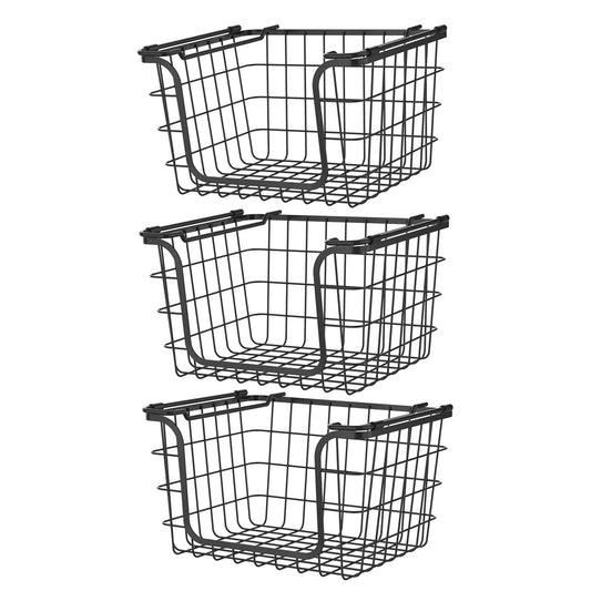 LunaLulinlk Stackable Metal Wire Storage Basket Set for Pantry, Countertop, Kitchen or Bathroom – Black, Set of 3