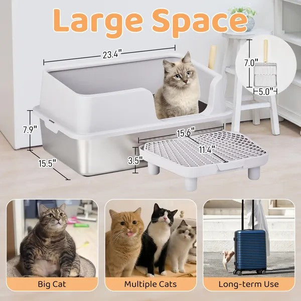 LunaLulinlkStainless Steel Cat Litter Box with Lid, Extra Large Litter Pan with High Sides for Big Cats