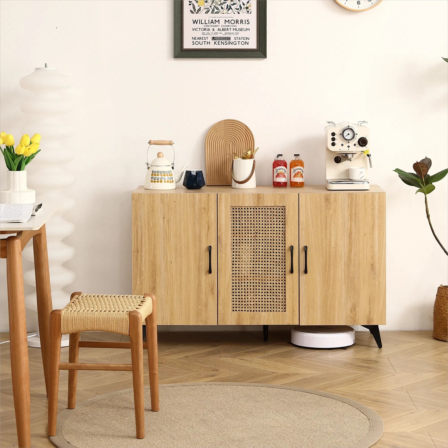 LunaLulinlk Three-Door Cabinet with Natural Rattan Mesh - Large Storage Space, Kitchen Storage Cabinet
