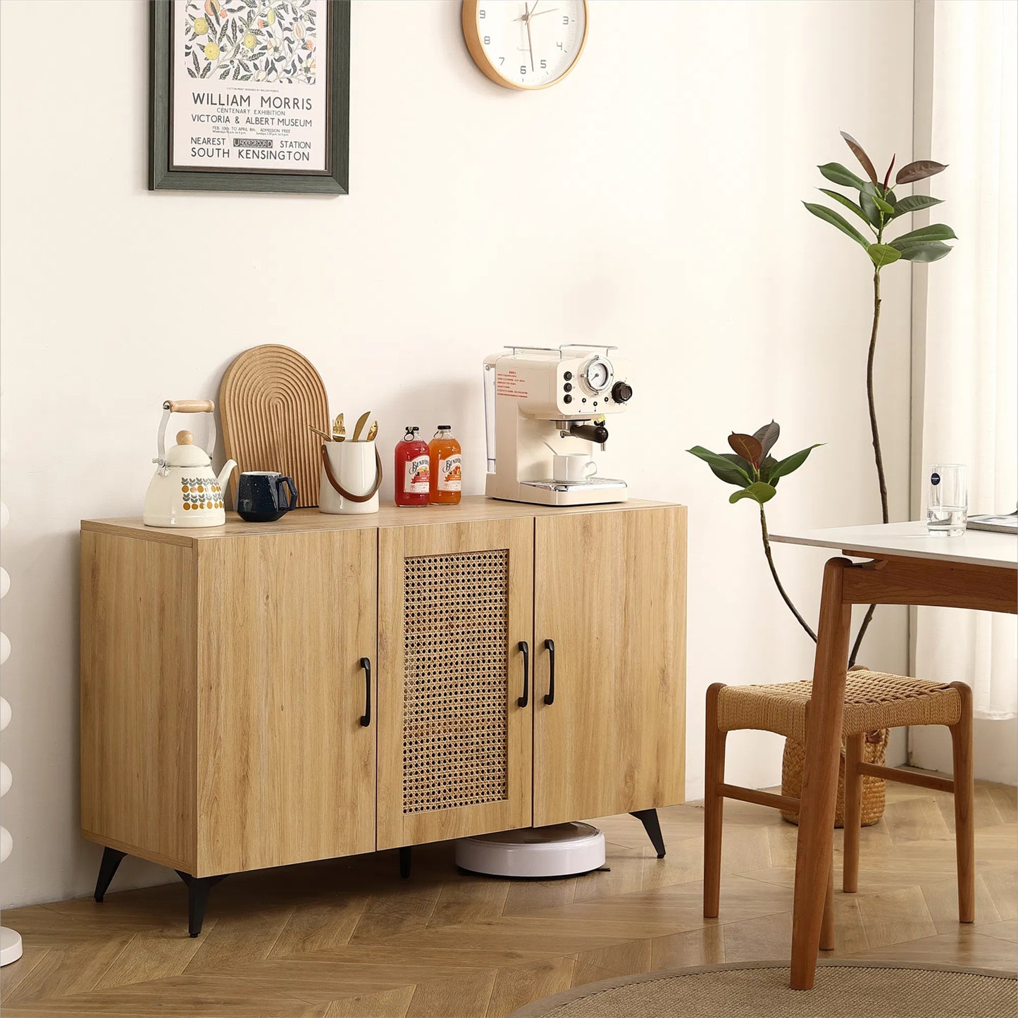 LunaLulinlk Three-Door Cabinet with Natural Rattan Mesh - Large Storage Space, Kitchen Storage Cabinet